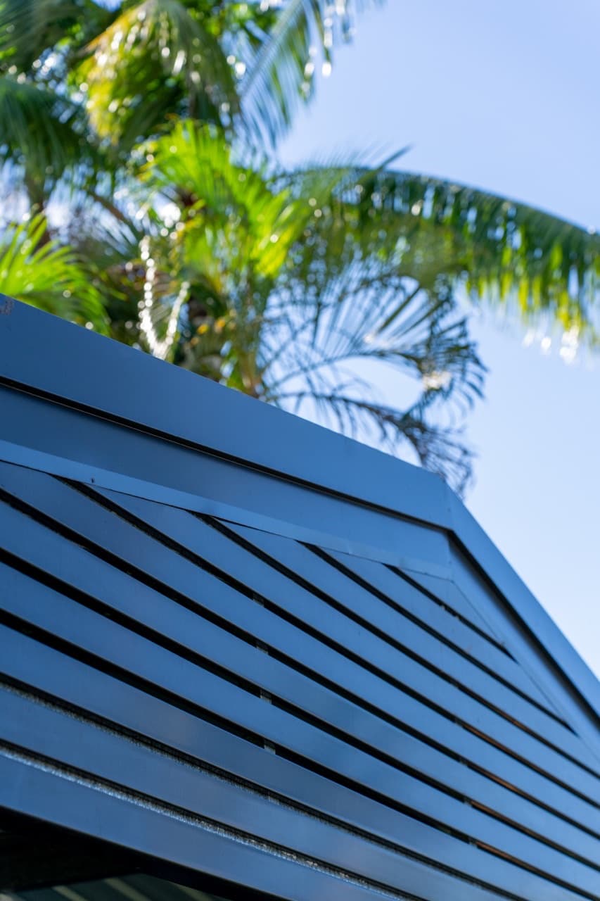 The roofline of a Fair Dinkum Builds shed.